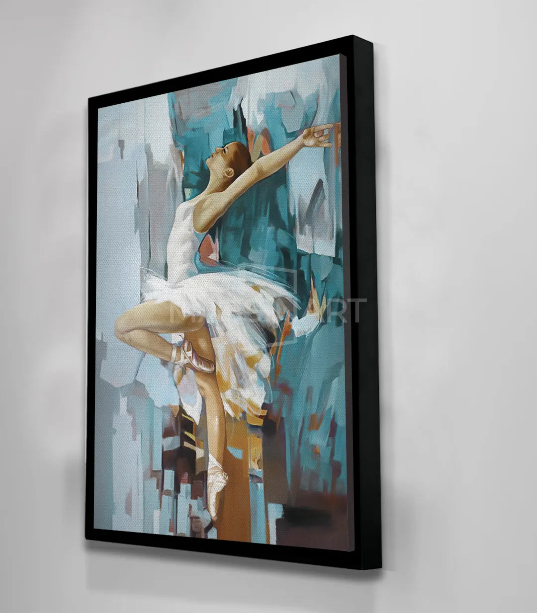 Cuadro bailarina abstracto en decoración mural de salón, paleta fría y vibrante — Massinart