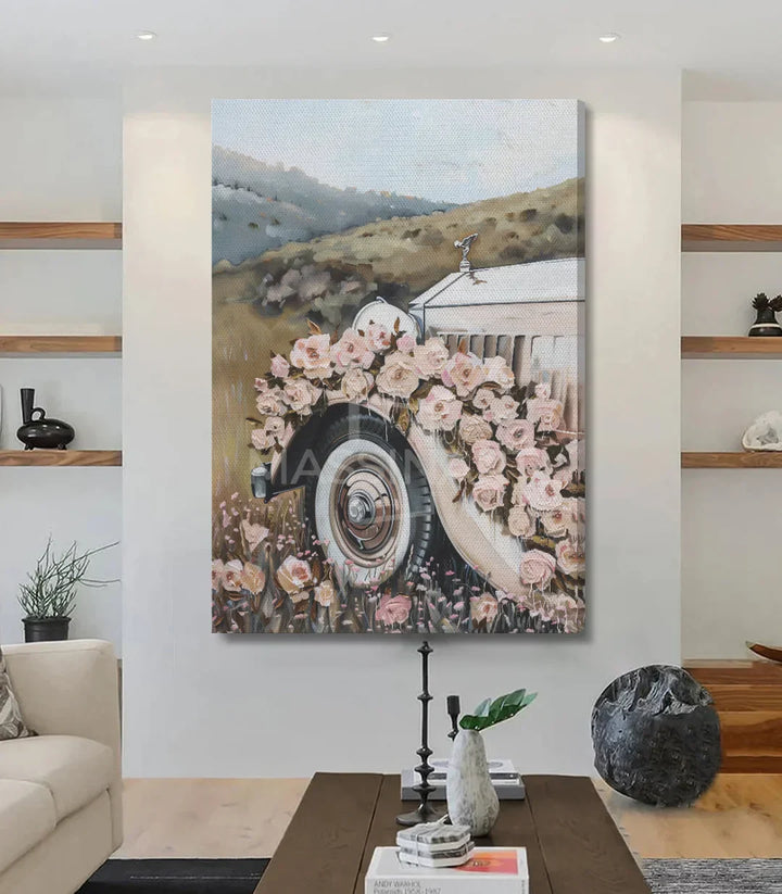 Cuadro de coche con flores en ambiente de dormitorio decoración Massinart