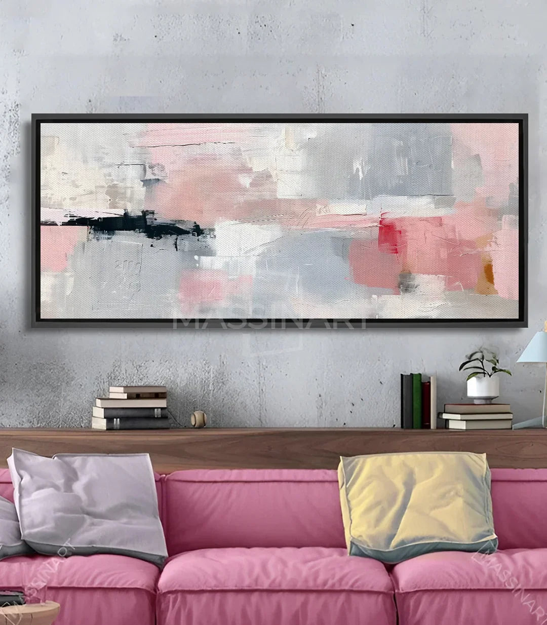 Cuadro abstracto Rosa de Massinart — composición en rosa empolvado, blanco y melocotón sobre lienzo premium