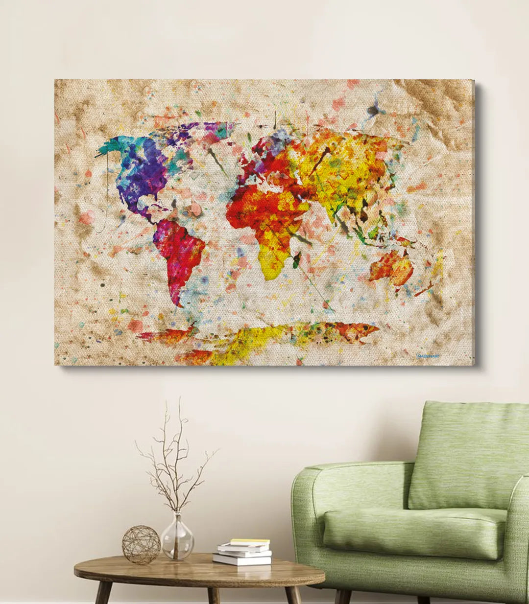 Lienzo mapa del mundo vintage sobre pared blanca — arte mural Massinart