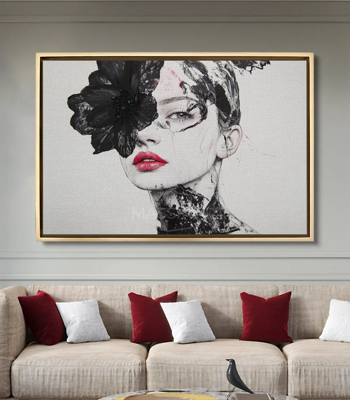 Cuadro retrato femenino con flor negra decoración salón moderno Massinart