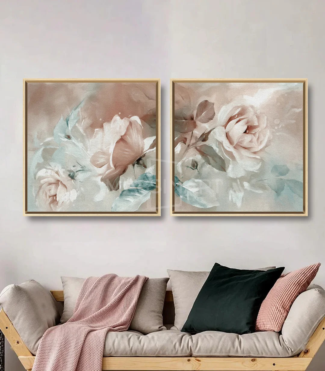 Cuadro Bloom díptico en salón moderno — otra vista de la decoración interior con ambiente floral, Massinart