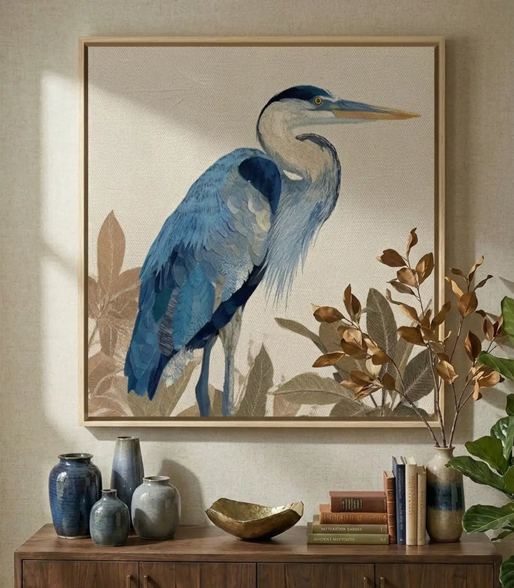 Cuadro garza azul formato cuadrado — ave acuática azul y gris con vegetación, estilo naturalista, Massinart