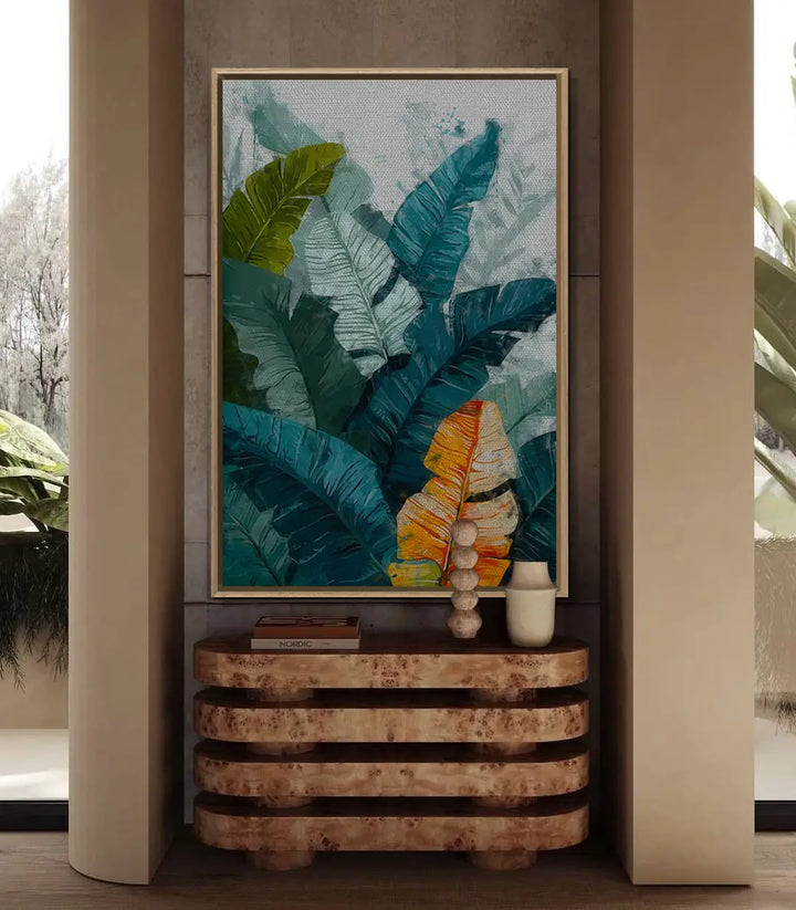 Decoración dormitorio con cuadro de hojas tropicales estilo contemporáneo Massinart