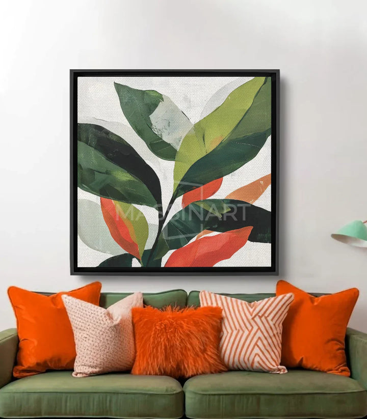 Cuadro Botanica hojas abstractas verde y naranja — Massinart