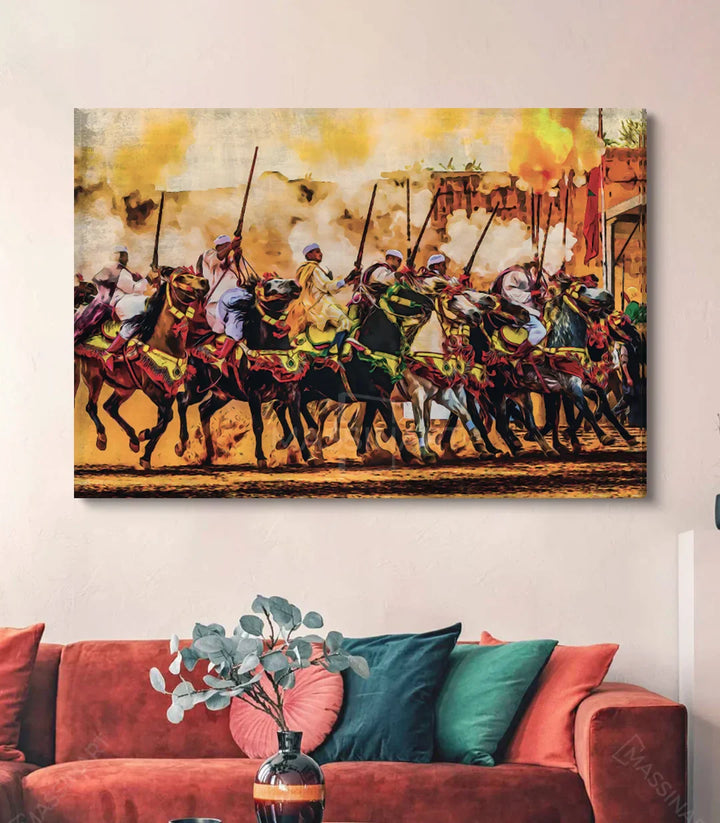 Cuadro Tbourida Massinart — detalle caballos y guerreros marroquíes
