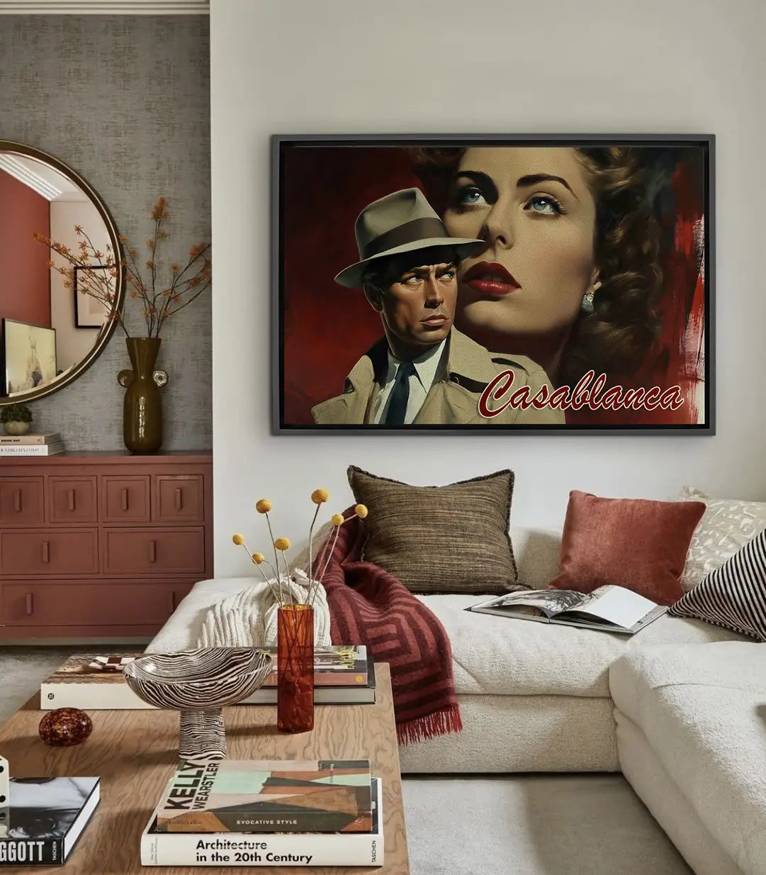 Cuadro Casablanca cine vintage — cartel de película negra con retrato de mujer y hombre con sombrero, tonos rojo y beige, Massinart