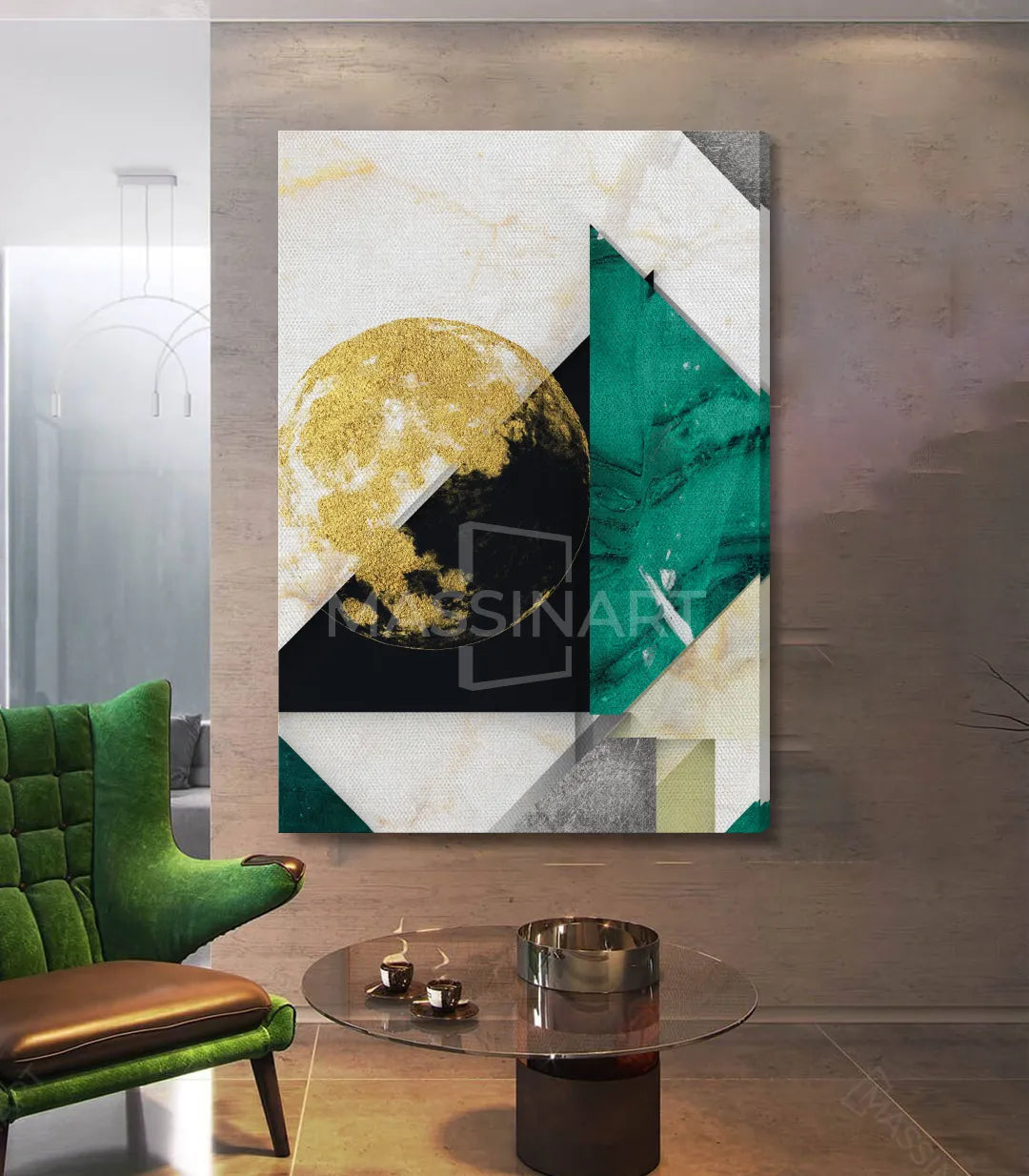Detalle de cuadro abstracto geométrico con formas y tonos dorados y turquesa — Massinart