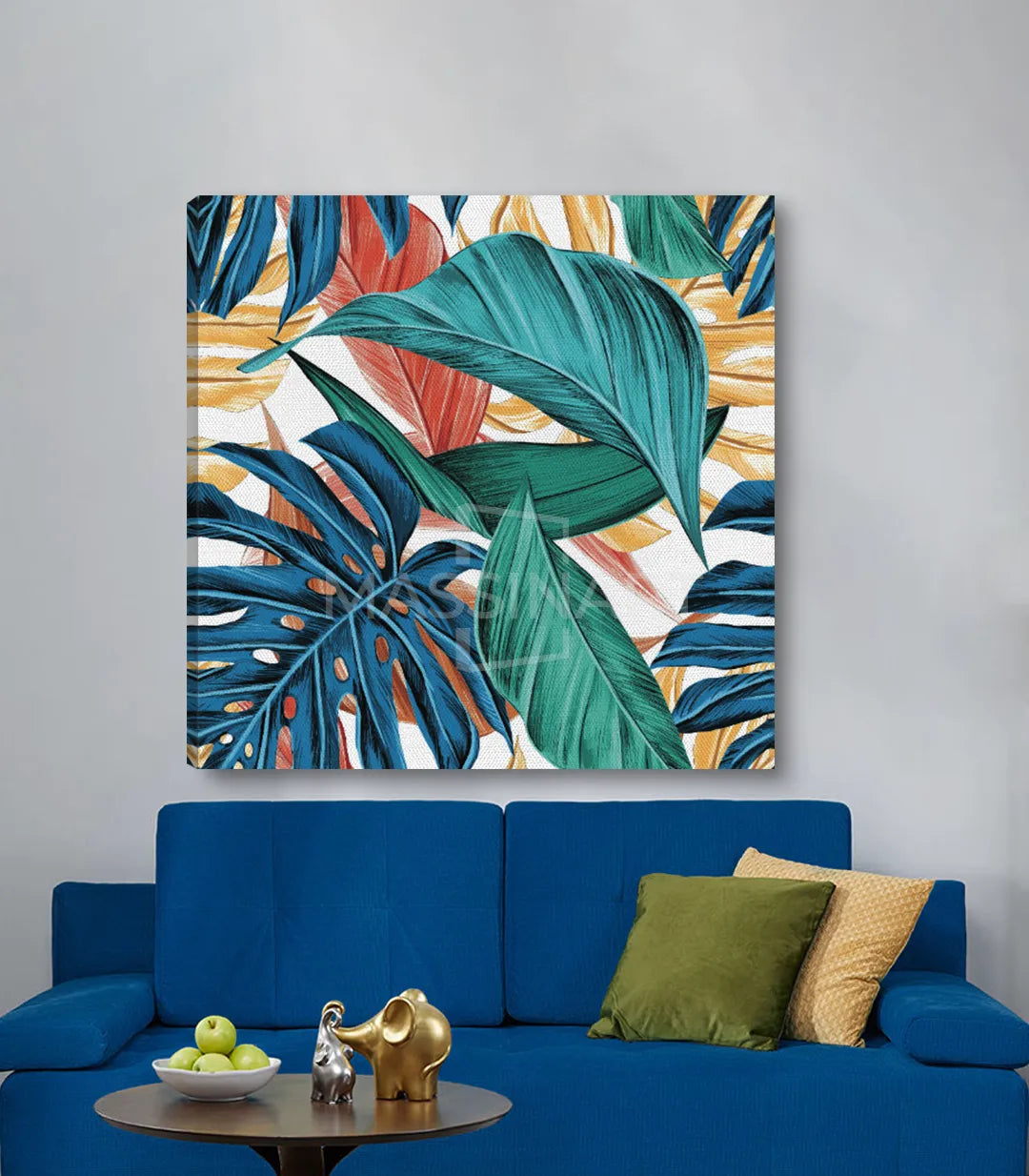 Cuadro Oxygen Massinart — interior salón contemporáneo con sofá azul