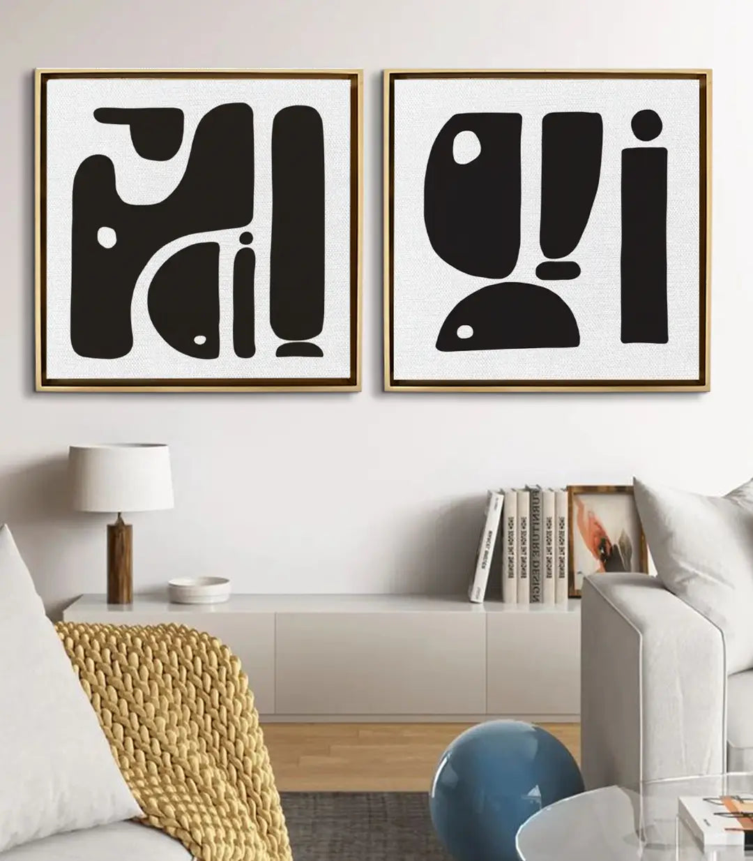 Ambientación en salón moderno — díptico abstracto minimalista negro y blanco, Massinart