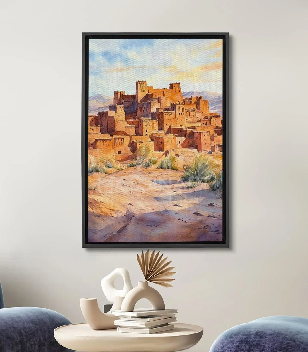 Cuadro kasbah marroquí en acuarela — fortaleza de tierra ocre en paisaje desértico, Massinart
