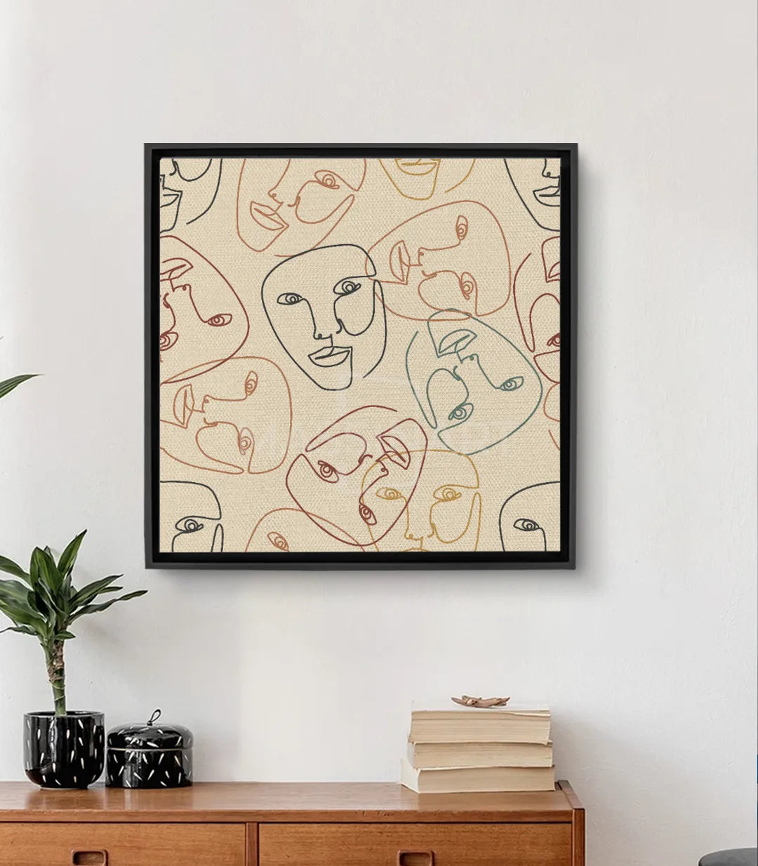Cuadro Faces minimalista — composición de rostros abstractos en trazo continuo beige sobre fondo neutro, Massinart