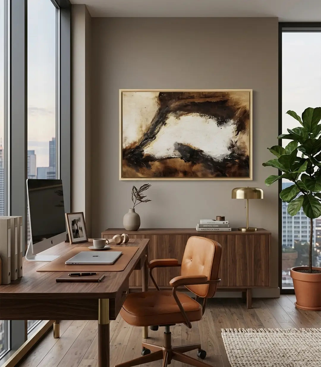 Cuadro abstracto Amber Canyon sobre mueble en salón moderno, decoración minimalista, Massinart