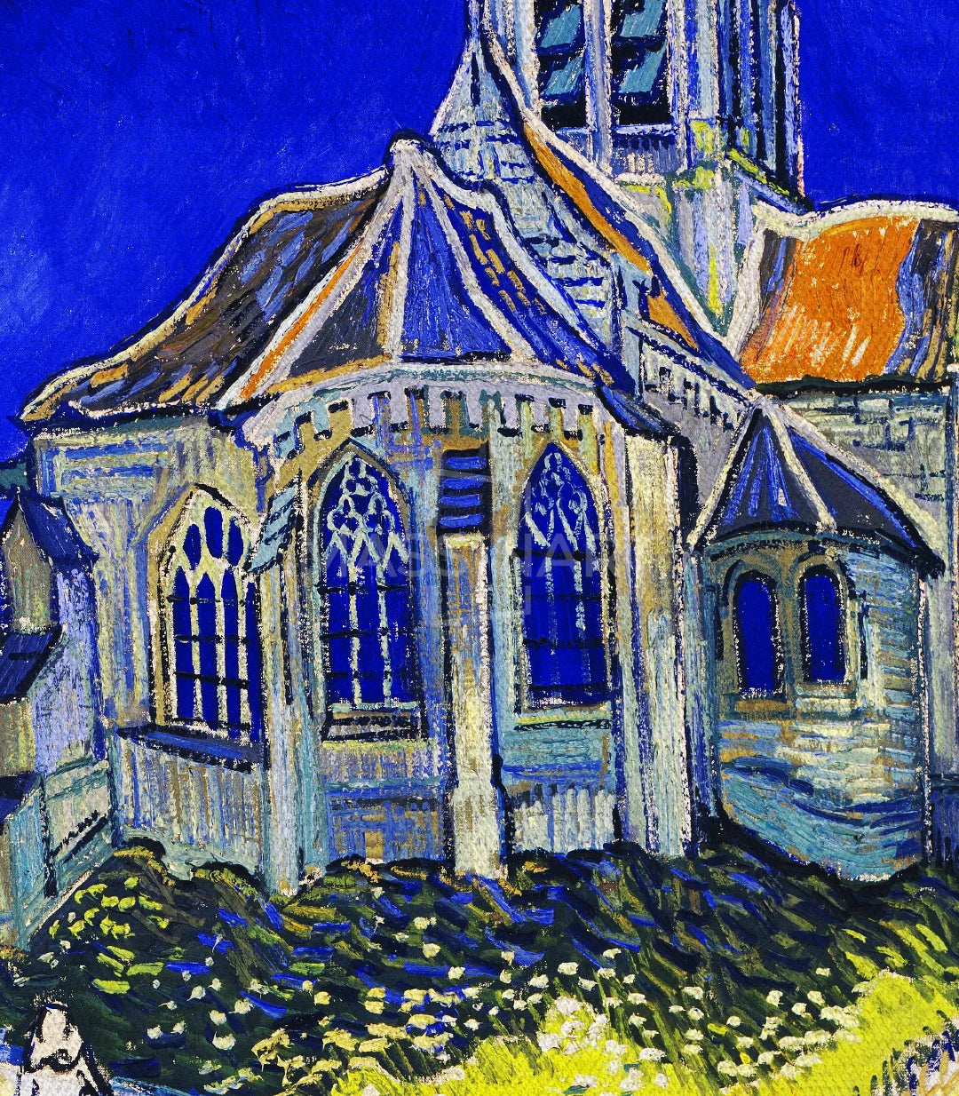Ambientación hotel o Airbnb con cuadro de iglesia estilo Van Gogh, Massinart