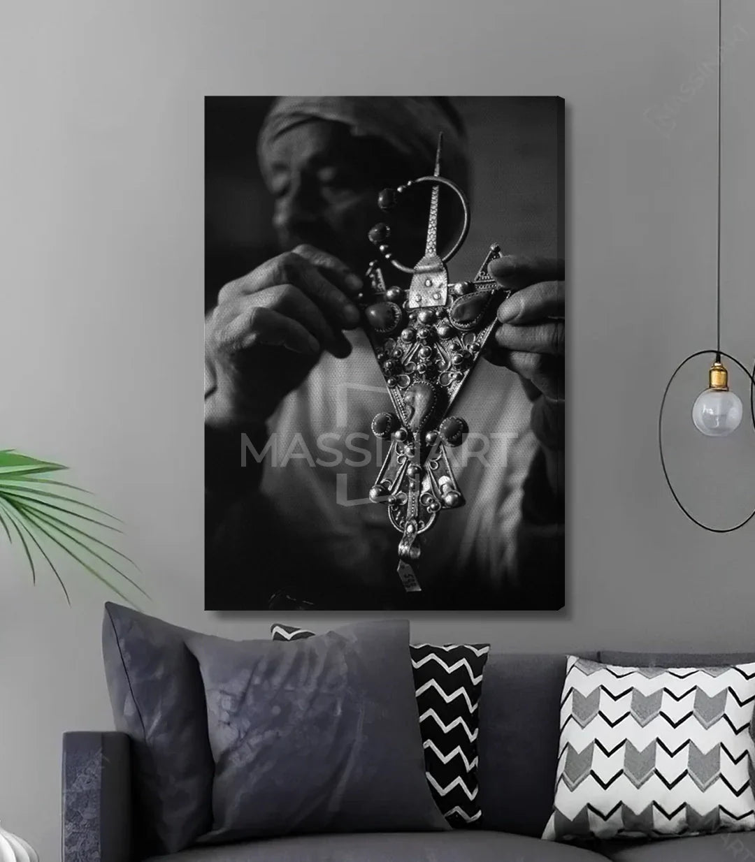Cuadro Berber Mark en salón moderno — decoración mural con fotografía bereber en blanco y negro, Massinart