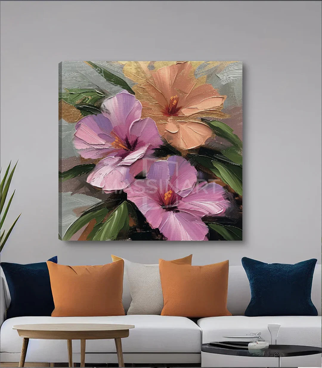 Cuadro Blushing Petals Massinart — detalle textura floral rosas y melocotón