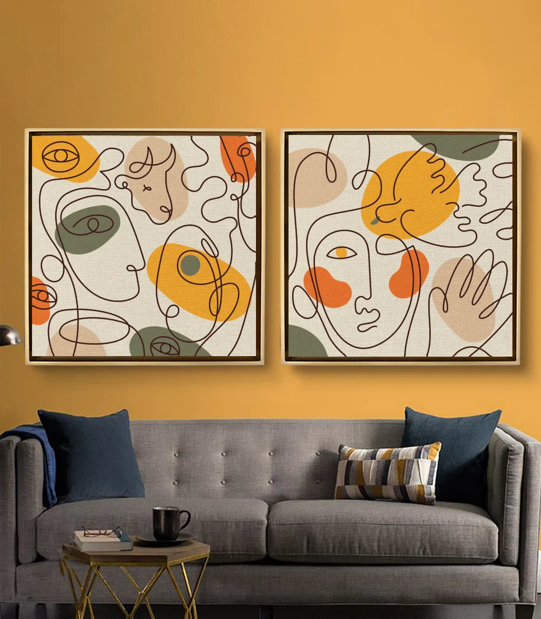 Ambientación cuadro Harmony díptico en salón moderno, decoración minimalista Massinart