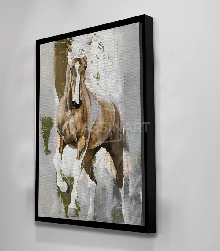 Interior moderno con cuadro de caballo blanco en marco negro sobre salón contemporáneo — Massinart
