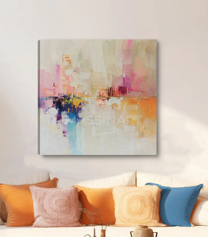 Detalle del cuadro abstracto expresionista Burst of Color con paleta rosa y naranja — Massinart