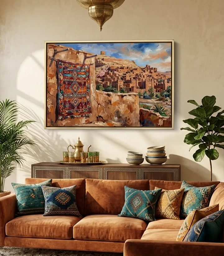 Ambientación de salón de estilo marroquí con el cuadro Red Kasbah sobre mueble de madera, Massinart