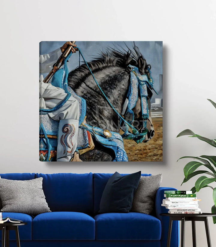 Cuadro Heritage Ride en salón de estilo marroquí — jinete oriental con silla de montar tradicional