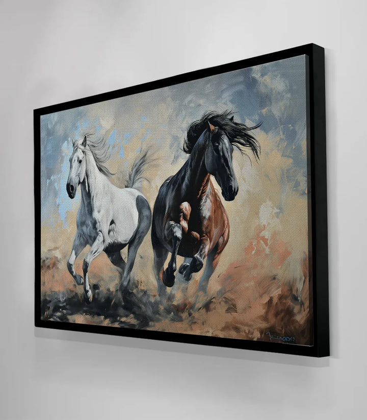 Despacho con cuadro de caballos — lienzo horizontal ambiente de lujo, arte mural Massinart