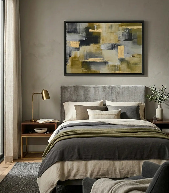Cuadro abstracto Gilded Veins horizontal con venas doradas, gris y negro — Massinart