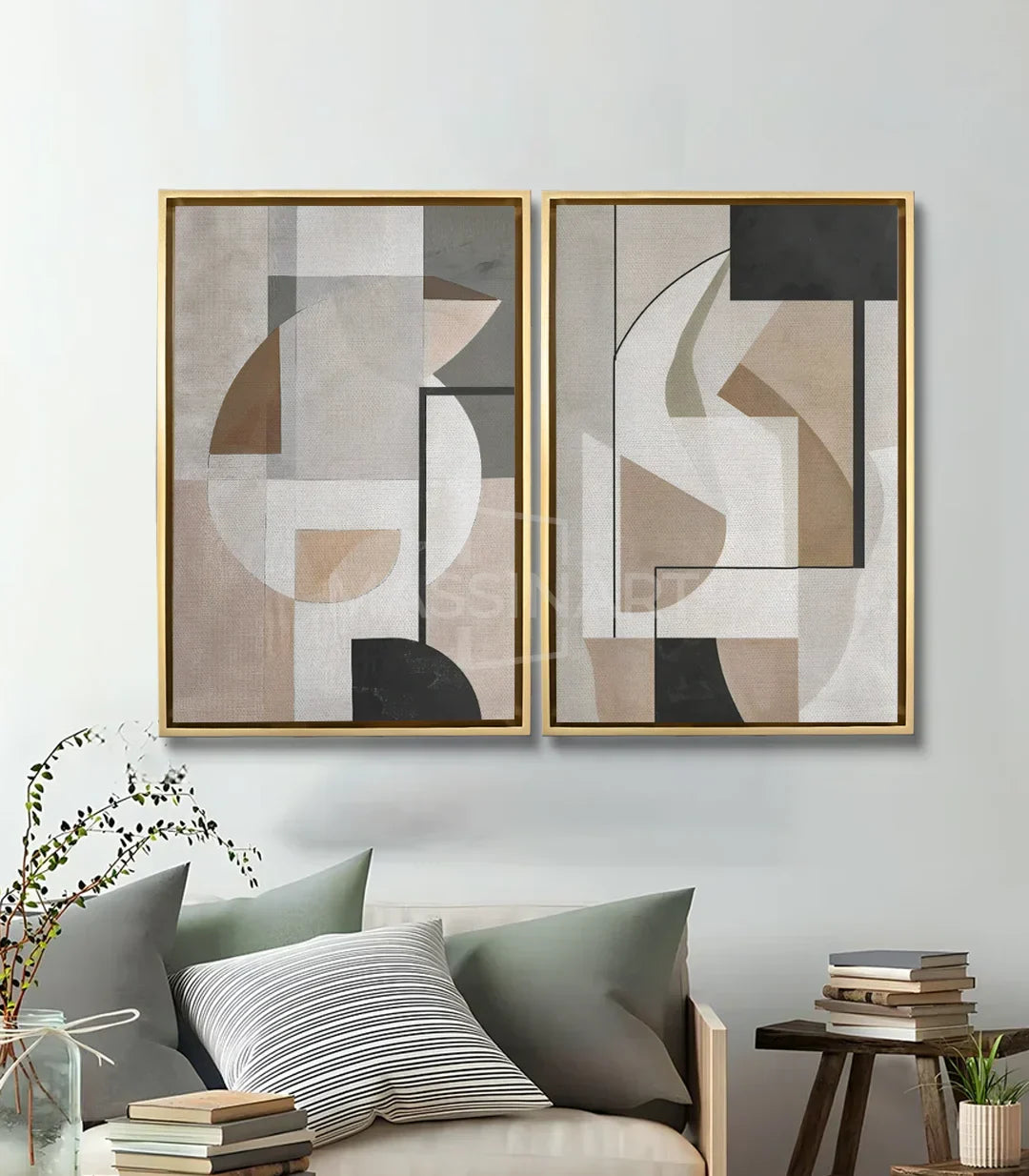 Díptico Geometric Nuances en salón moderno sobre sofá — decoración minimalista Massinart
