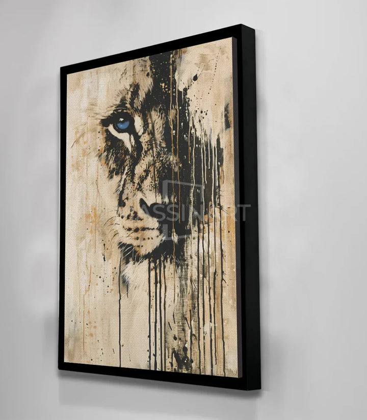 Dormitorio decorado con cuadro de león street-art Massinart en paleta beige y negro