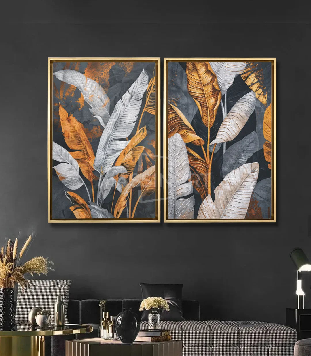 Díptico Tropical en un salón moderno — cuadro decorativo botánico Massinart