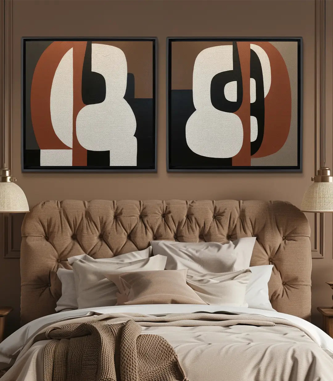Cuadro Clay Abstraction díptico — formas abstractas geométricas en blanco, terracota y marrón, Massinart