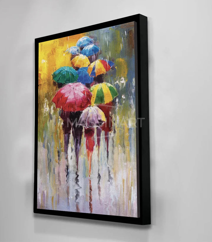 Cuadro lluvia urbana — siluetas con paraguas en rojo, azul, verde y rosa | Massinart