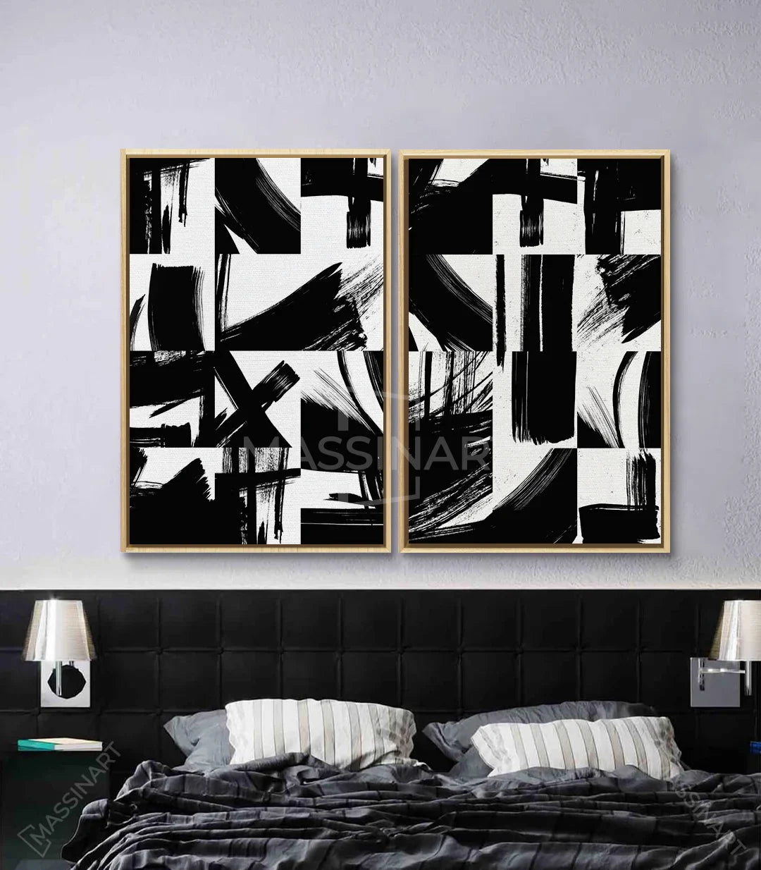 Cuadro abstracto díptico Inked Massinart en salón contemporáneo, decoración de pared minimalista