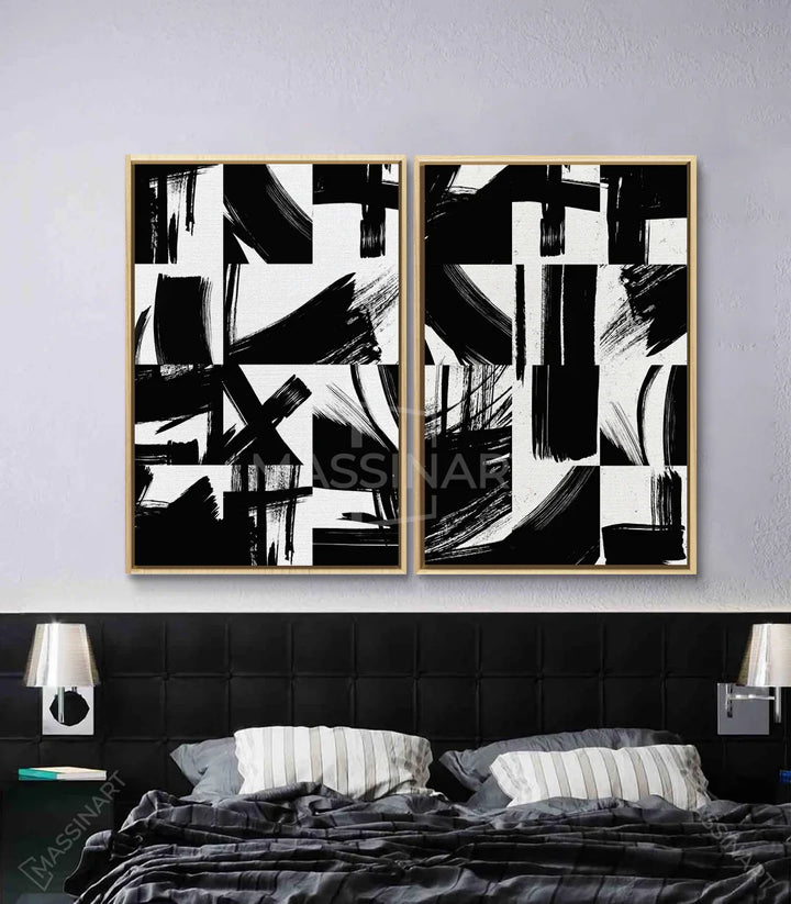 Cuadro abstracto díptico Inked Massinart en salón contemporáneo, decoración de pared minimalista