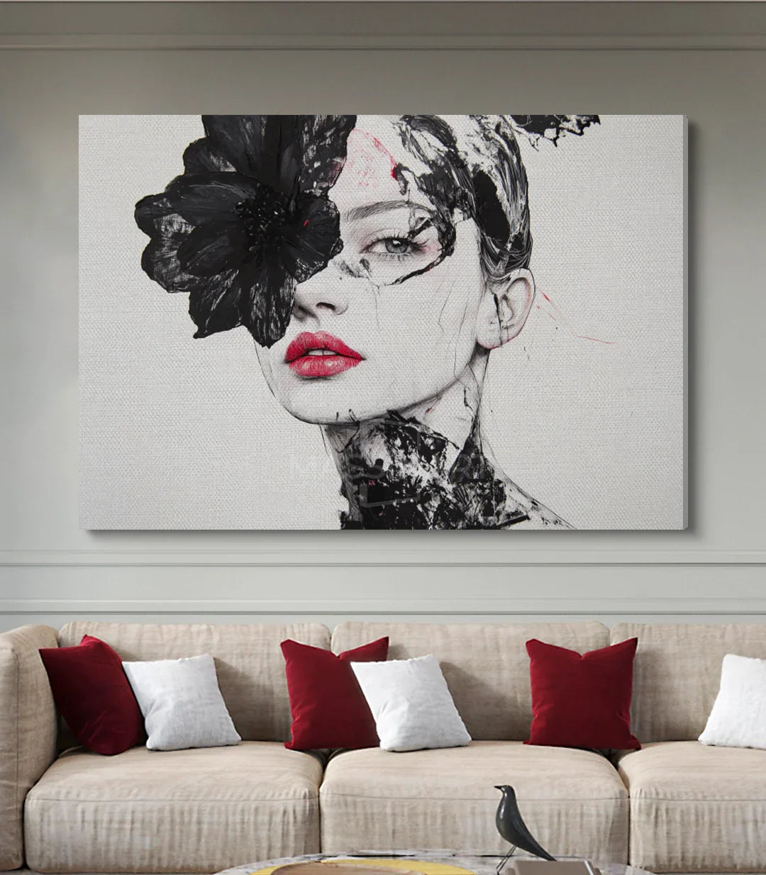 Cuadro retrato mujer flor negra estilo minimalista Massinart