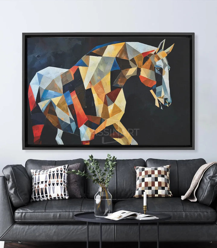 Cuadro Endurance, caballo geométrico cubista en formas angulares amarillo y negro, Massinart