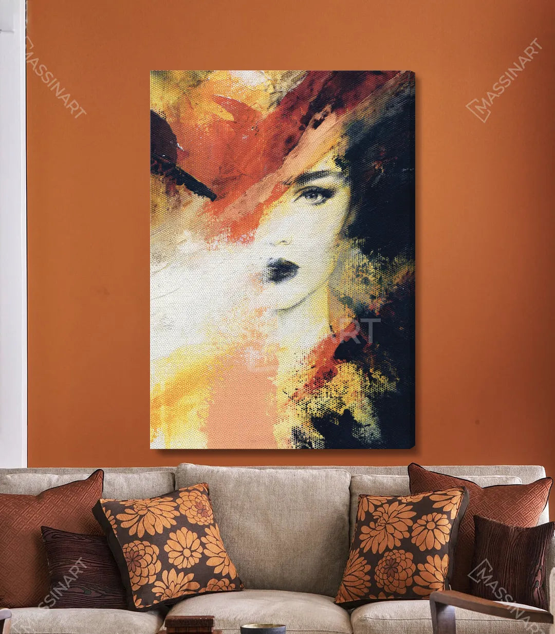 Retrato mujer expresionista en colores cálidos, decoración contemporánea, Massinart