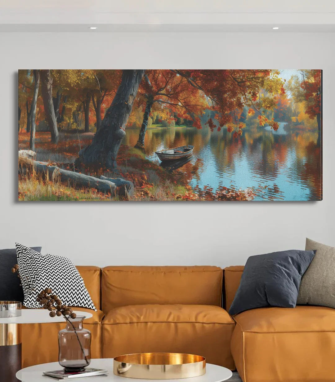 Detalle cuadro paisaje otoñal Massinart — reflejos azules del lago y follaje dorado