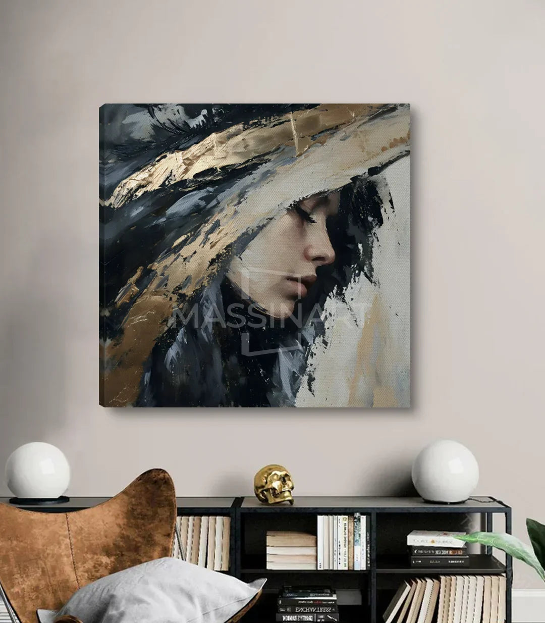 Cuadro Insight sobre consola en salón de diseño, arte figurativo moderno, Massinart