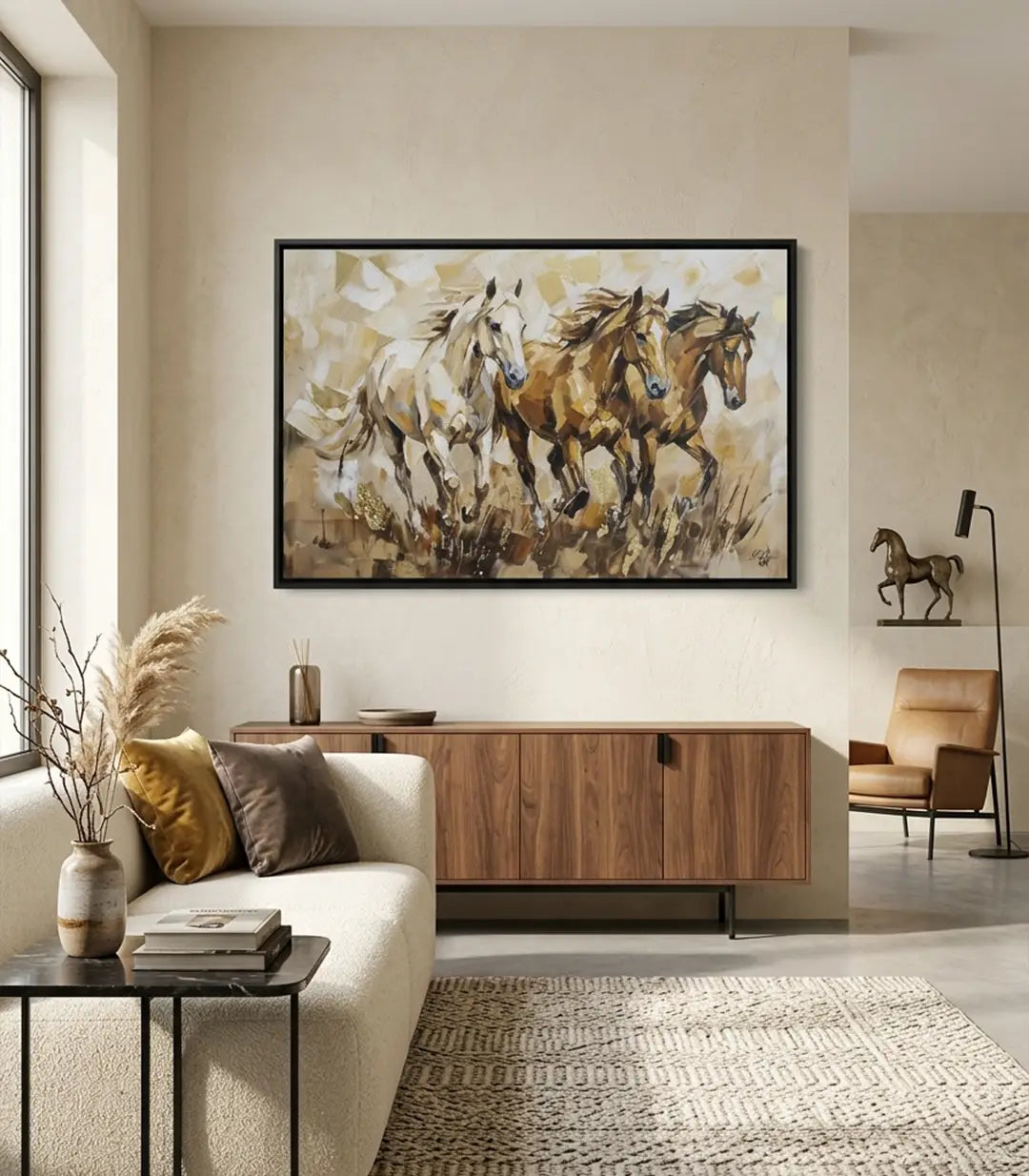 Cuadro Sand Sprint de Massinart — tres caballos al galope en tonos beige, marrón y blanco