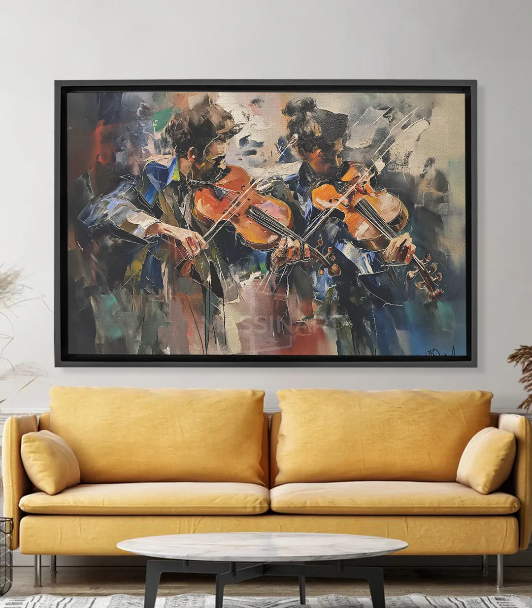 Cuadro Violinistas Massinart — músicos expresionistas con violines, tonos marrón negro y beige