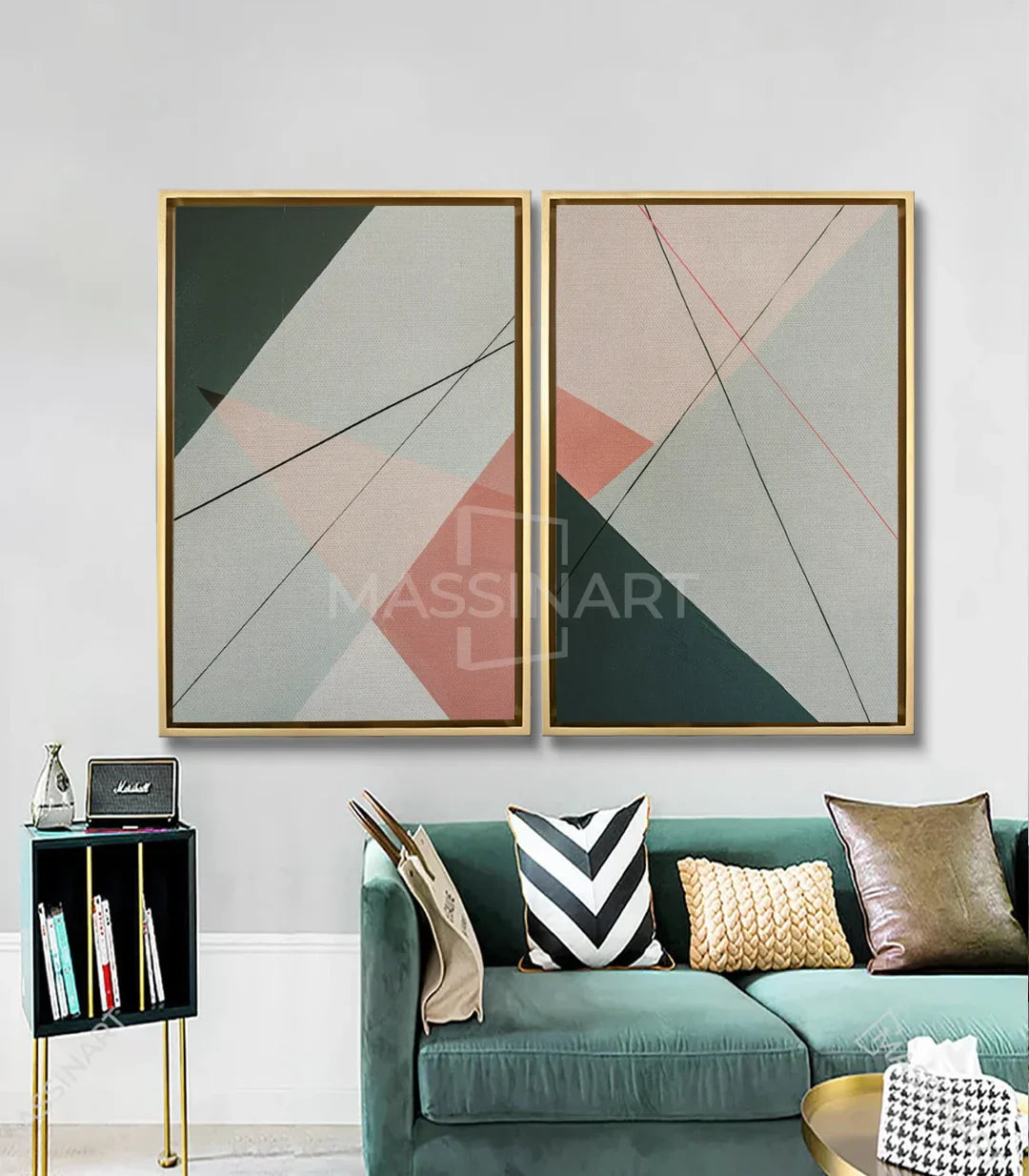 Cuadro Lineage Massinart — ambientación en salón moderno con sofá verde
