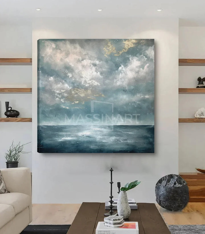 Cuadro paisaje marino sobre mueble de salón, ambiente zen y minimalista Massinart