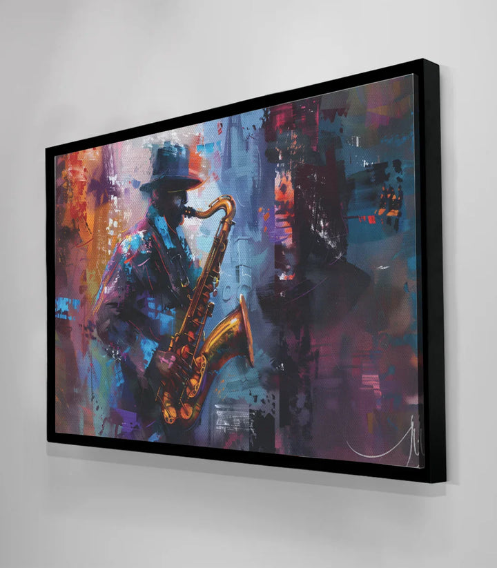 Cuadro música jazz moderno paleta naranja azul mauve Massinart