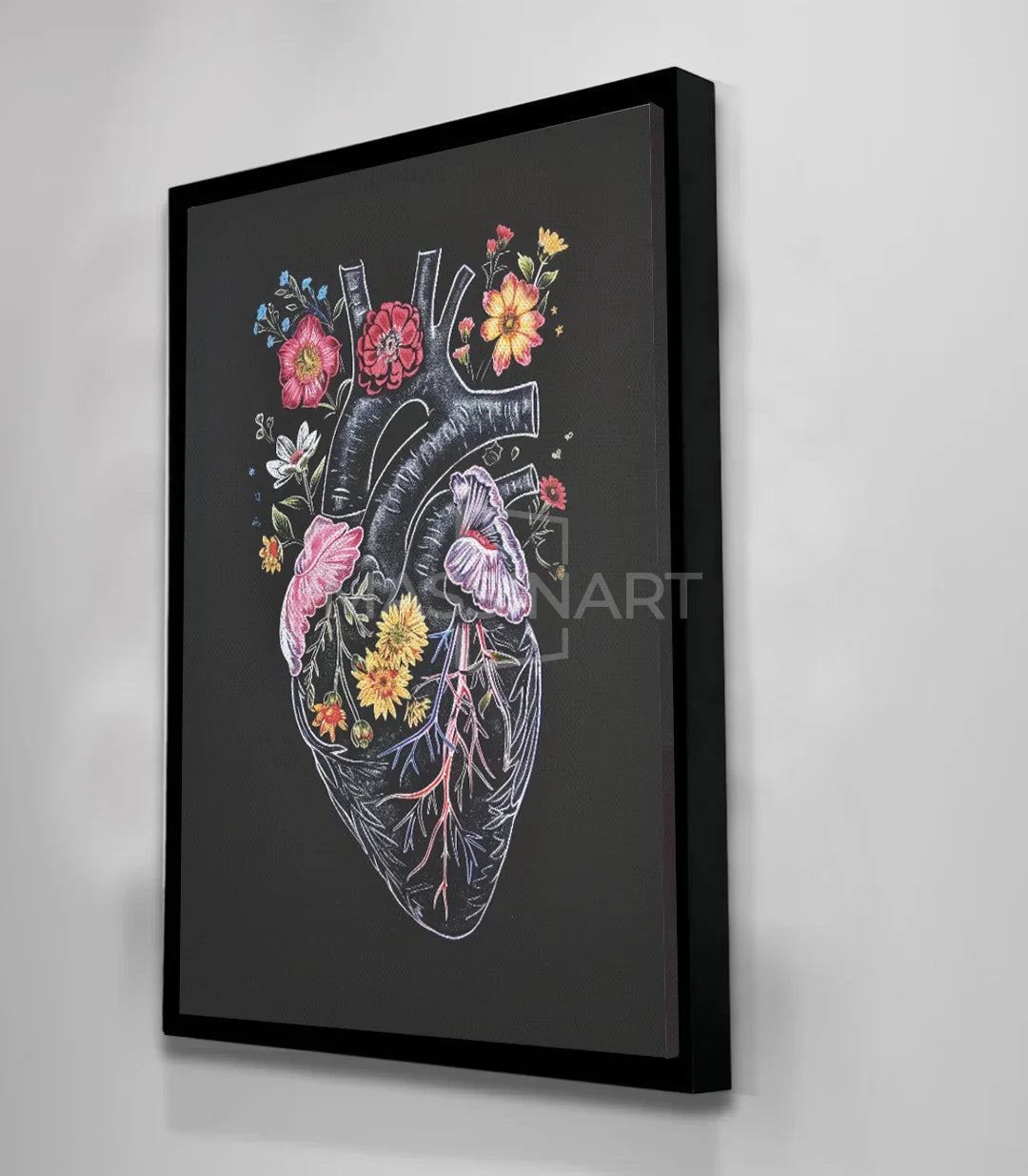 Ambiente decoración mural — cuadro corazón floral fondo negro Massinart