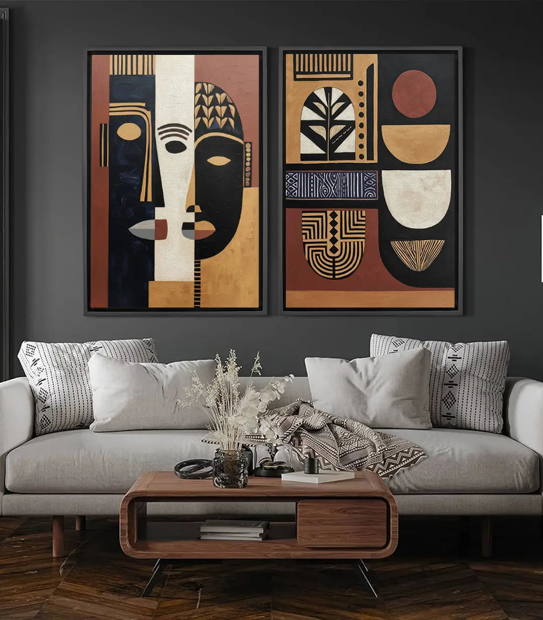 Cuadro Tribalism díptico — motivos africanos abstractos negro dorado terracota Massinart