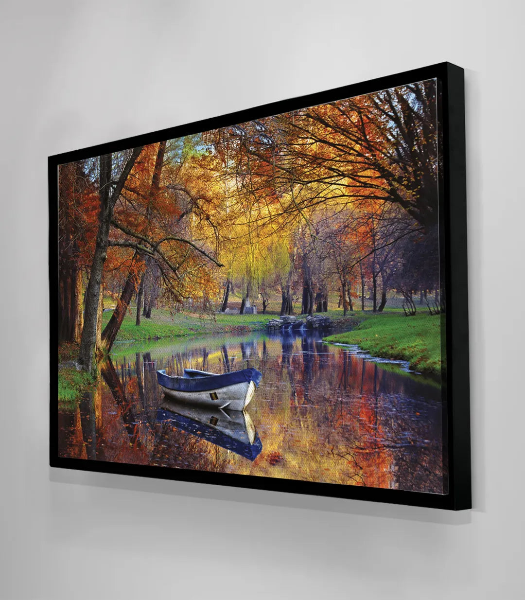 Paisaje otoñal con árbol dorado y barca azul, cuadro Massinart