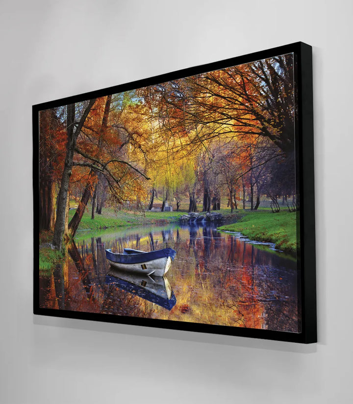 Paisaje otoñal con árbol dorado y barca azul, cuadro Massinart