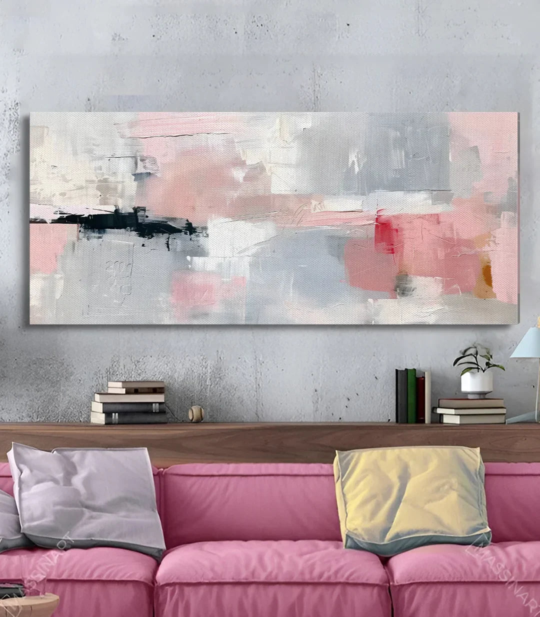 Cuadro abstracto Rosa en decoración de salón contemporáneo — Massinart
