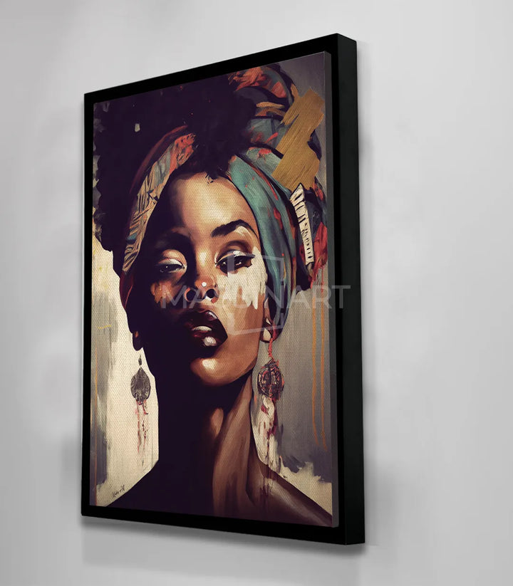 Dormitorio decorado con retrato contemporáneo de mujer africana — Massinart